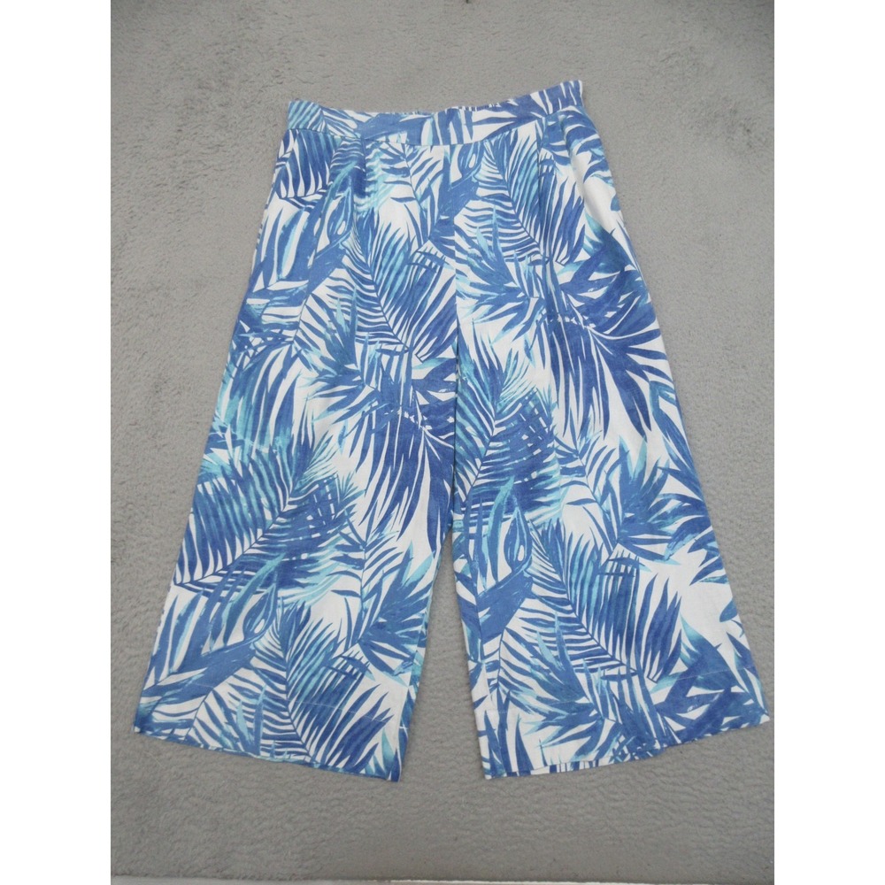 Chelsea & Theodore Linen Blend Wide Leg Pant Women 12 Blue Tropical Coastal Chic